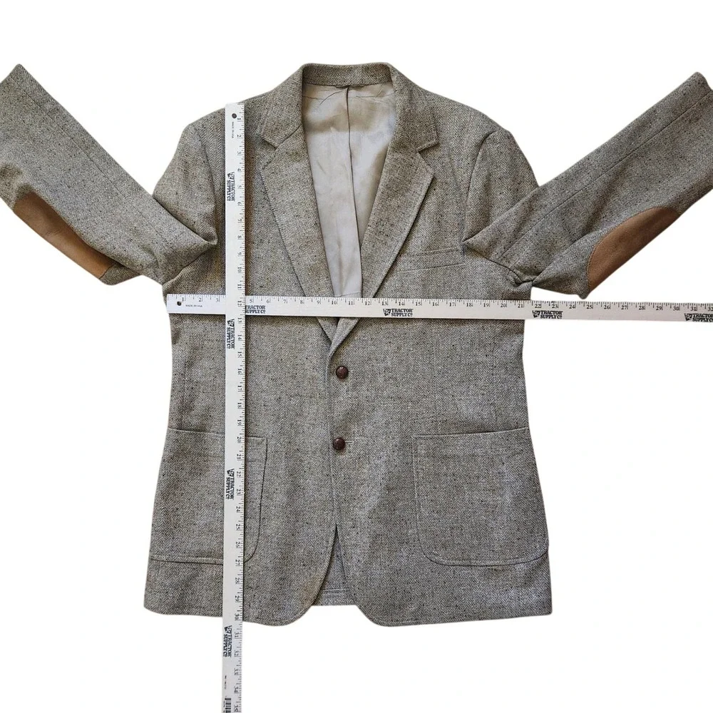 Mens Tweed Blazer Sport Coat Elbow Patches Brown Tan Herringbone 44R Vintage 80s